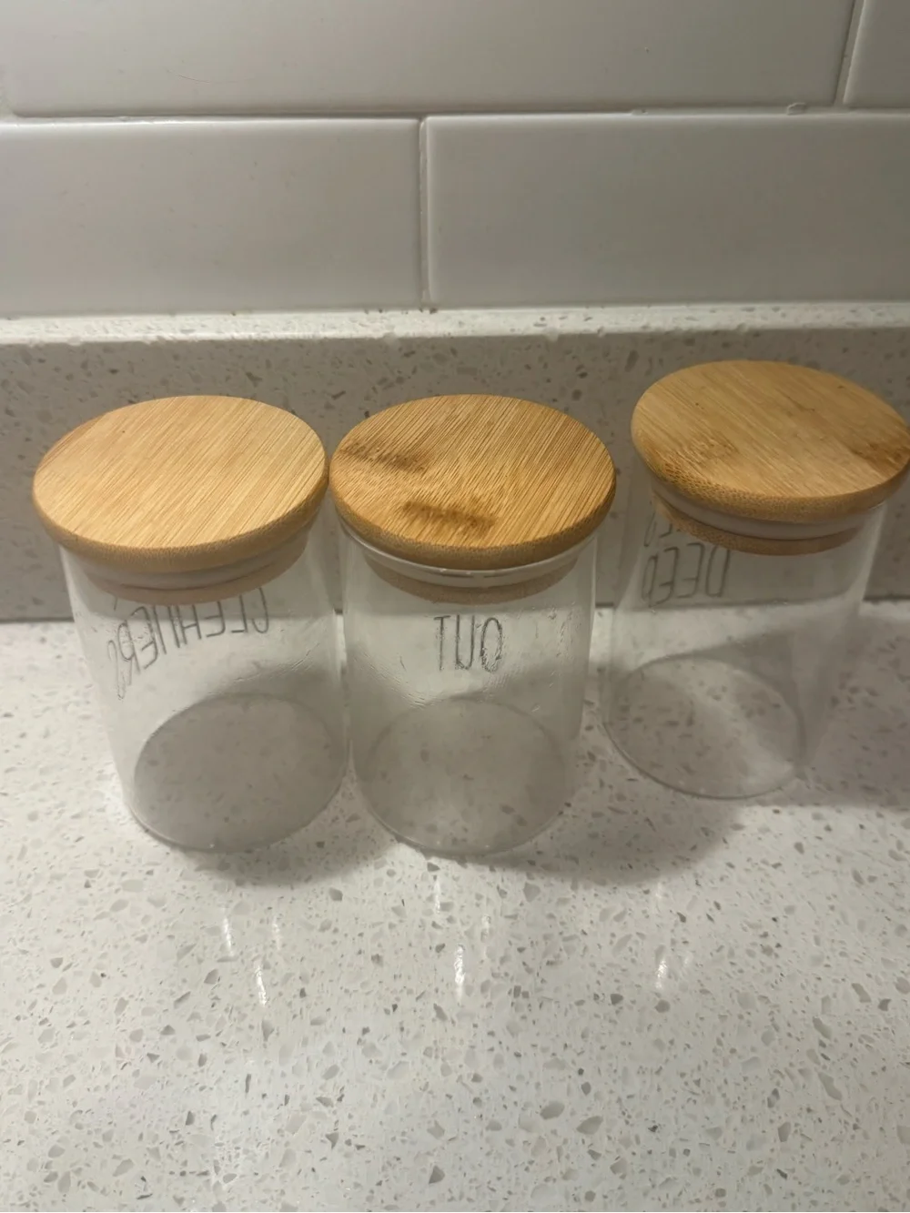 Bathroom Vanity Glass Storage Containers Funny Titles with Bamboo Lids for Cotto
